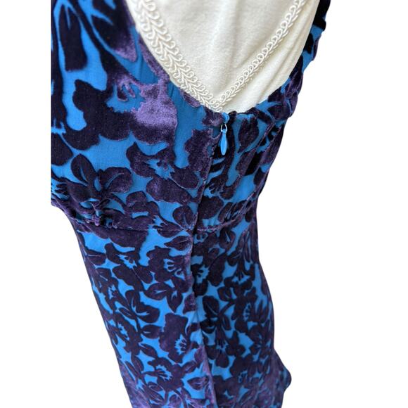 Vintage Laura Ashley Blue V Neck Sleeveless Velvet Floral Overlay Dress - 6 - Picture 6 of 9